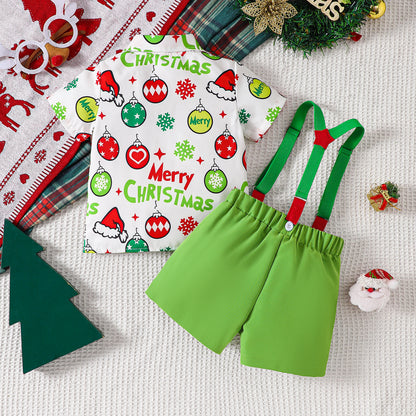 Festive Christmas Shirt and Suspender Shorts Set