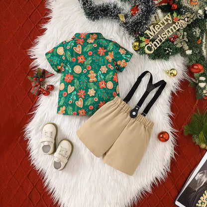 Holiday Floral Shirt with Bow Tie and Suspender Shorts Set