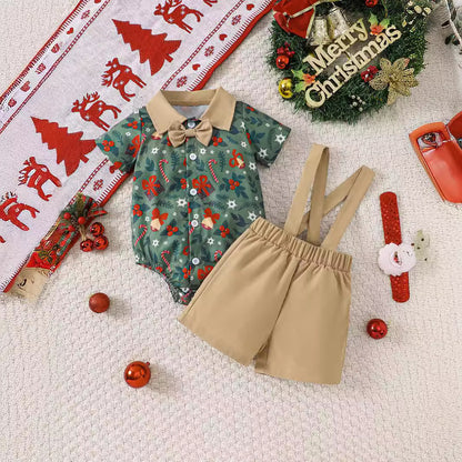 Holiday Santa Print Onesie and Suspender Shorts Set
