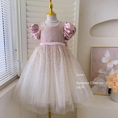 Blush Sparkle Bow Girl Puff Sleeve Party Dress