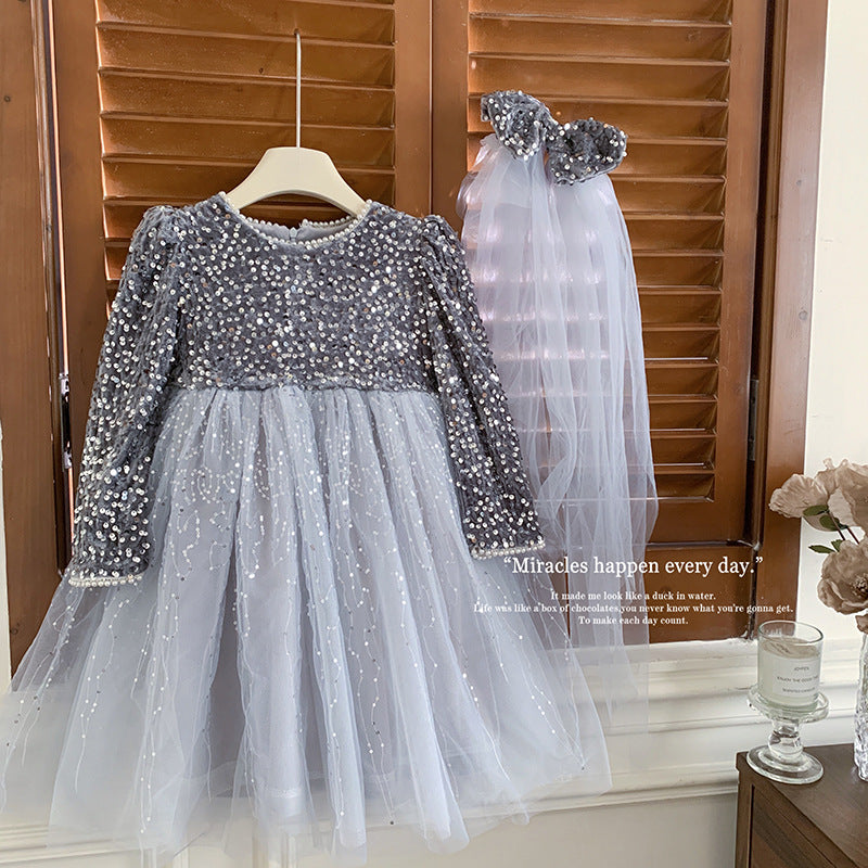 Girl Performance Long Sleeve Midnight Sparkle Dress