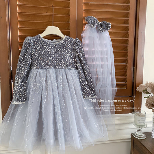 Girl Performance Long Sleeve Midnight Sparkle Dress