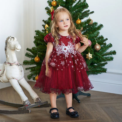 Christmas Party Girl Red Bead Print Princess Dress