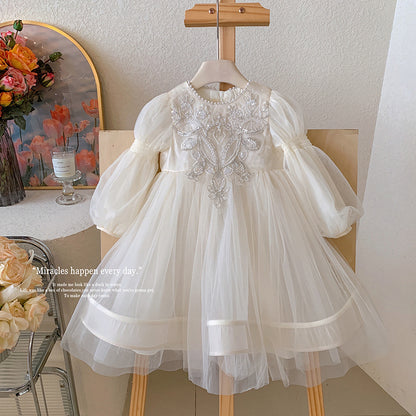 White Performance Flower Girl Pearl Blossom Gown