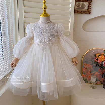 White Performance Flower Girl Pearl Blossom Gown