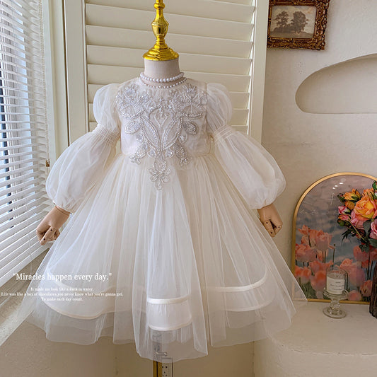 White Performance Flower Girl Pearl Blossom Gown
