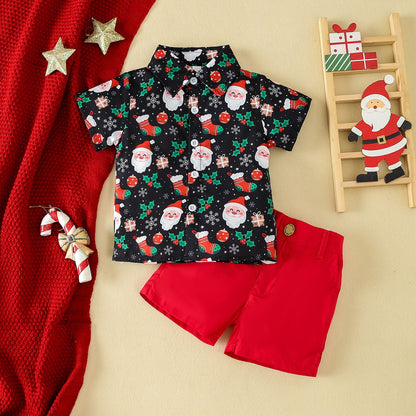Festive Santa Print Shirt and  Shorts Set