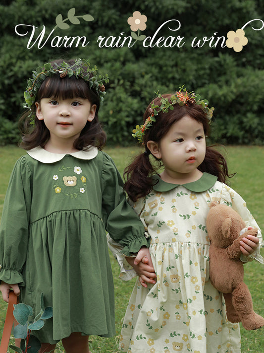 Green Collor Sweet Girl Bear Blossom Dress