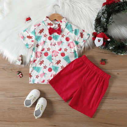 Santa Print Short-Sleeve Shirt and Shorts Set with Bow Tie