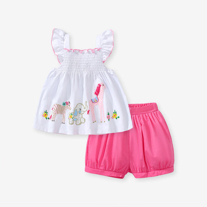 Two-Piece Animal Embroidered Top and Pink Shorts Set