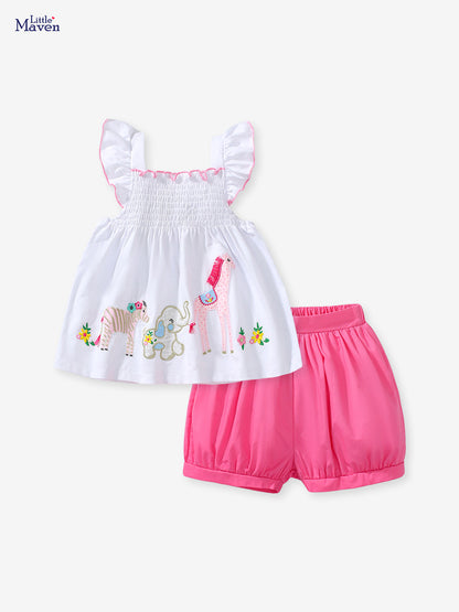 Two-Piece Animal Embroidered Top and Pink Shorts Set