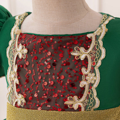 Holiday Princess Puff Sleeve Dress in Green and Red