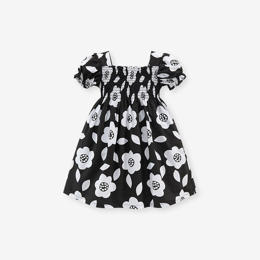 Girl Black Puff-Sleeve Dress with Bold White Floral Print