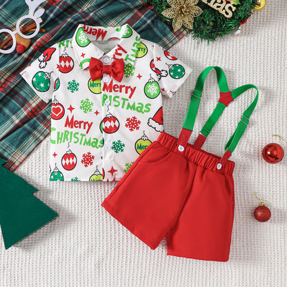 Festive Christmas Shirt and Suspender Shorts Set