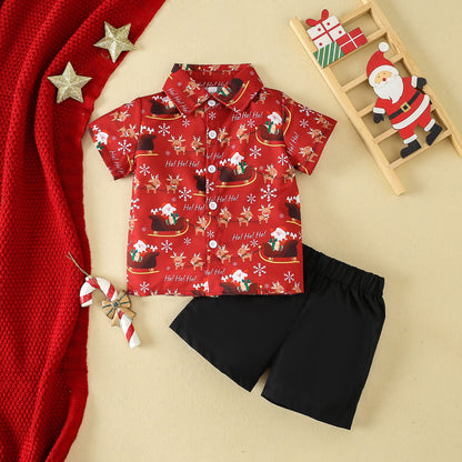 Festive Santa Print Shirt and  Shorts Set