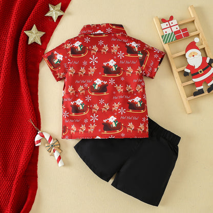 Festive Santa Print Shirt and  Shorts Set