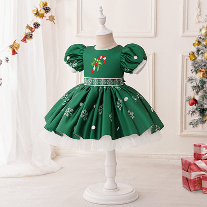 Festive Green Snowflake Dress with Candy Cane Accent