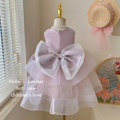 Pink Multi-Layer Girl Tulle Dress with Bow