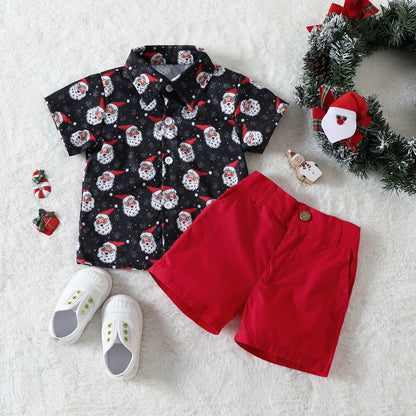 Santa Face Print Shirt and Red Shorts Holiday Set