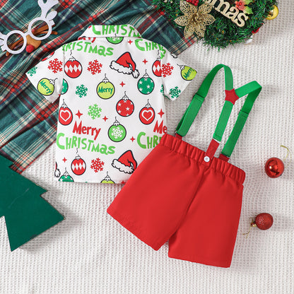 Festive Christmas Shirt and Suspender Shorts Set