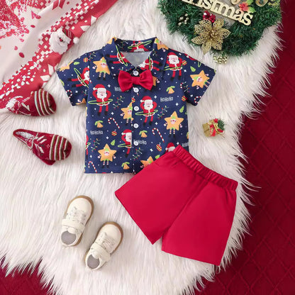 Festive Santa Print Polo and Red Shorts Set with Bow Tie