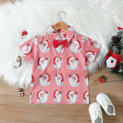 Santa Print Short-Sleeve Shirt and Shorts Set with Bow Tie