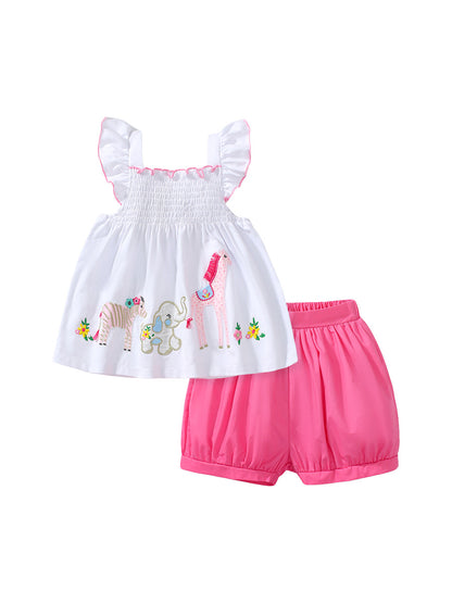 Two-Piece Animal Embroidered Top and Pink Shorts Set