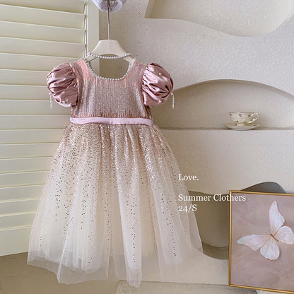 Blush Sparkle Bow Girl Puff Sleeve Party Dress