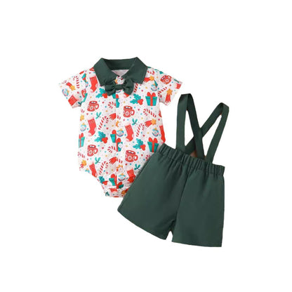 Holiday Santa Print Onesie and Suspender Shorts Set