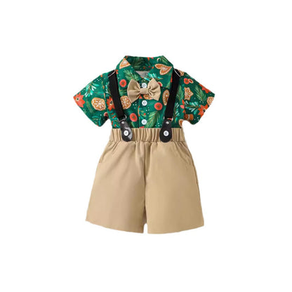 Holiday Floral Shirt with Bow Tie and Suspender Shorts Set