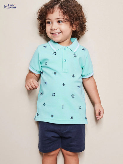 Aqua Polo Shirt and Navy Shorts Boy Set