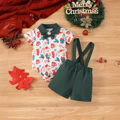 Holiday Santa Print Onesie and Suspender Shorts Set