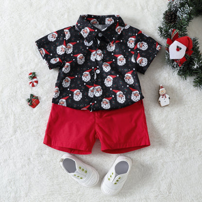 Santa Face Print Shirt and Red Shorts Holiday Set