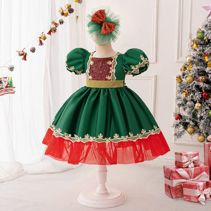 Holiday Princess Puff Sleeve Dress in Green and Red