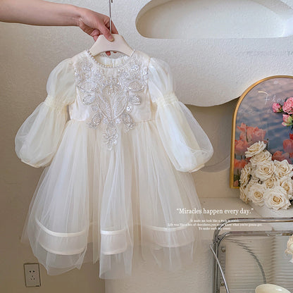 White Performance Flower Girl Pearl Blossom Gown