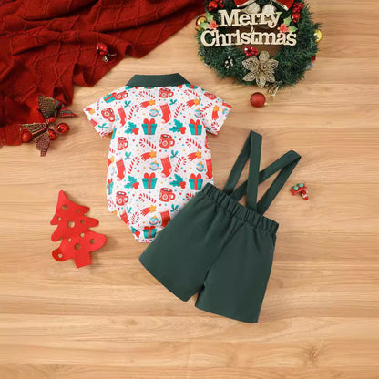 Holiday Santa Print Onesie and Suspender Shorts Set