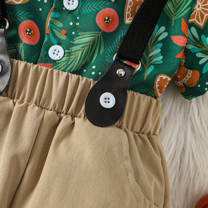 Holiday Floral Shirt with Bow Tie and Suspender Shorts Set