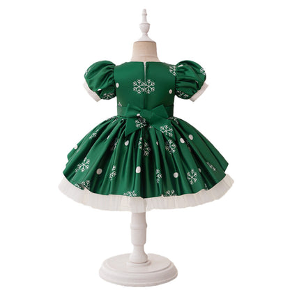 Festive Green Snowflake Dress with Candy Cane Accent