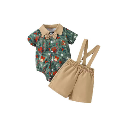 Holiday Santa Print Onesie and Suspender Shorts Set