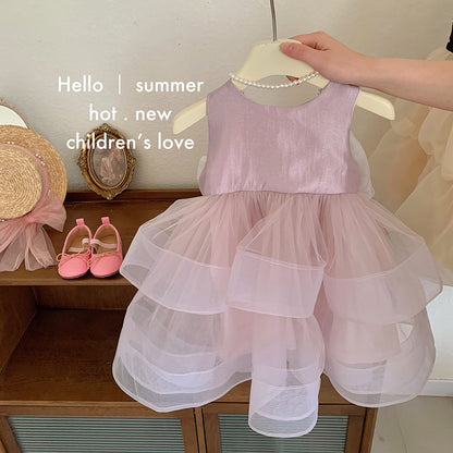Pink Multi-Layer Girl Tulle Dress with Bow