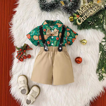 Holiday Floral Shirt with Bow Tie and Suspender Shorts Set