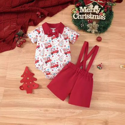 Holiday Santa Print Onesie and Suspender Shorts Set