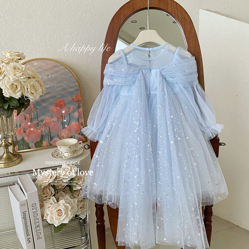Girls Blue Long Sleeve Princess Dress Glitter Tulle Winter Party Gown