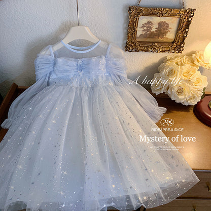 Girls Blue Long Sleeve Princess Dress Glitter Tulle Winter Party Gown