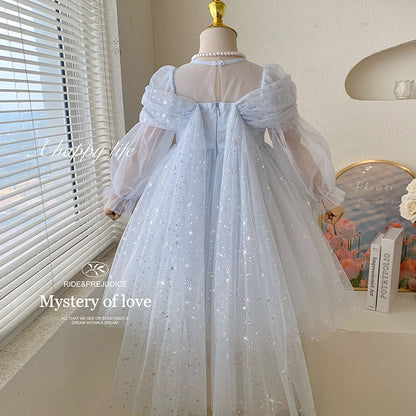 Girls Blue Long Sleeve Princess Dress Glitter Tulle Winter Party Gown