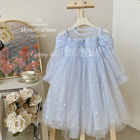 Girls Blue Long Sleeve Princess Dress Glitter Tulle Winter Party Gown