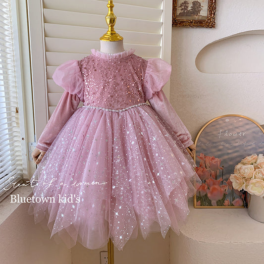 Starlight Princess Tutu Dress – Pink Glitter Long Sleeve Gown