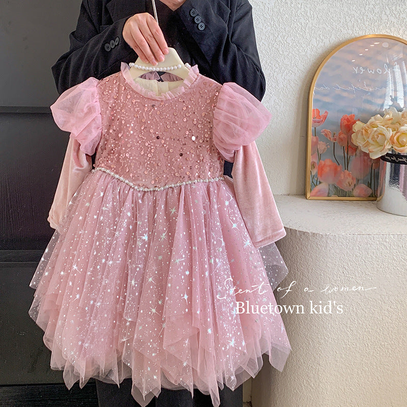 Starlight Princess Tutu Dress – Pink Glitter Long Sleeve Gown