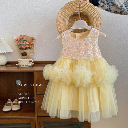 Girls' Yellow Sequin Tutu Dress – Sleeveless Flower Tulle Gown