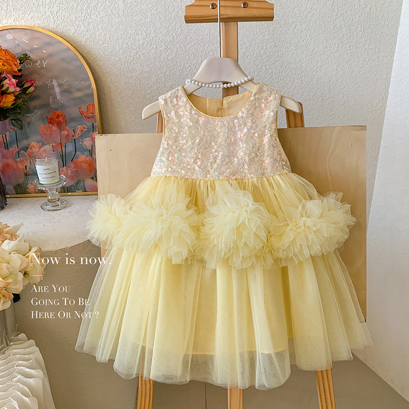 Girls' Yellow Sequin Tutu Dress – Sleeveless Flower Tulle Gown